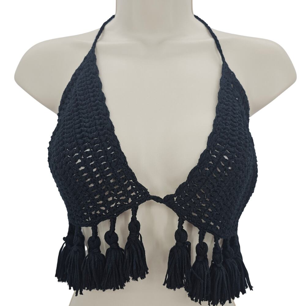 Pol Womans size S Crochet Tassel Halter Bikini Top Bralette Open Knit Black Boho